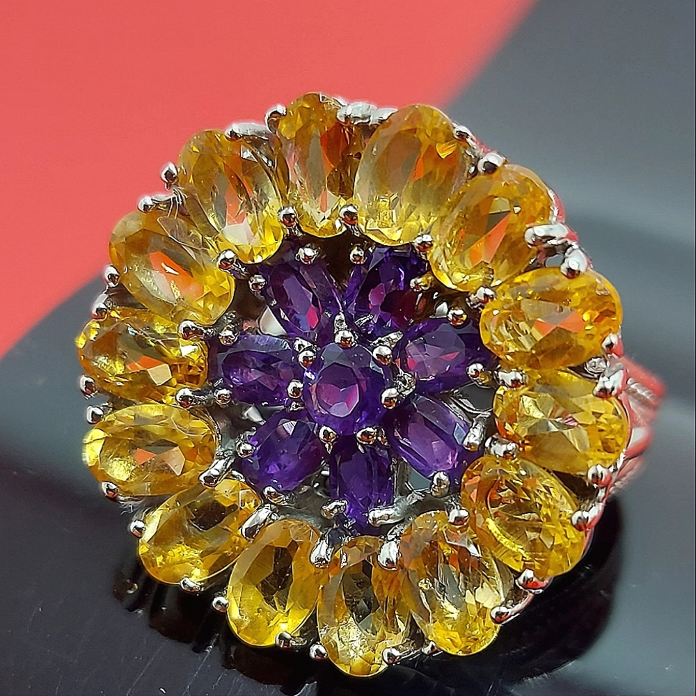 Natural Citrine, Amethyst, Rhodolite Garnet 925 Sterling Silver Ring Size 7.75